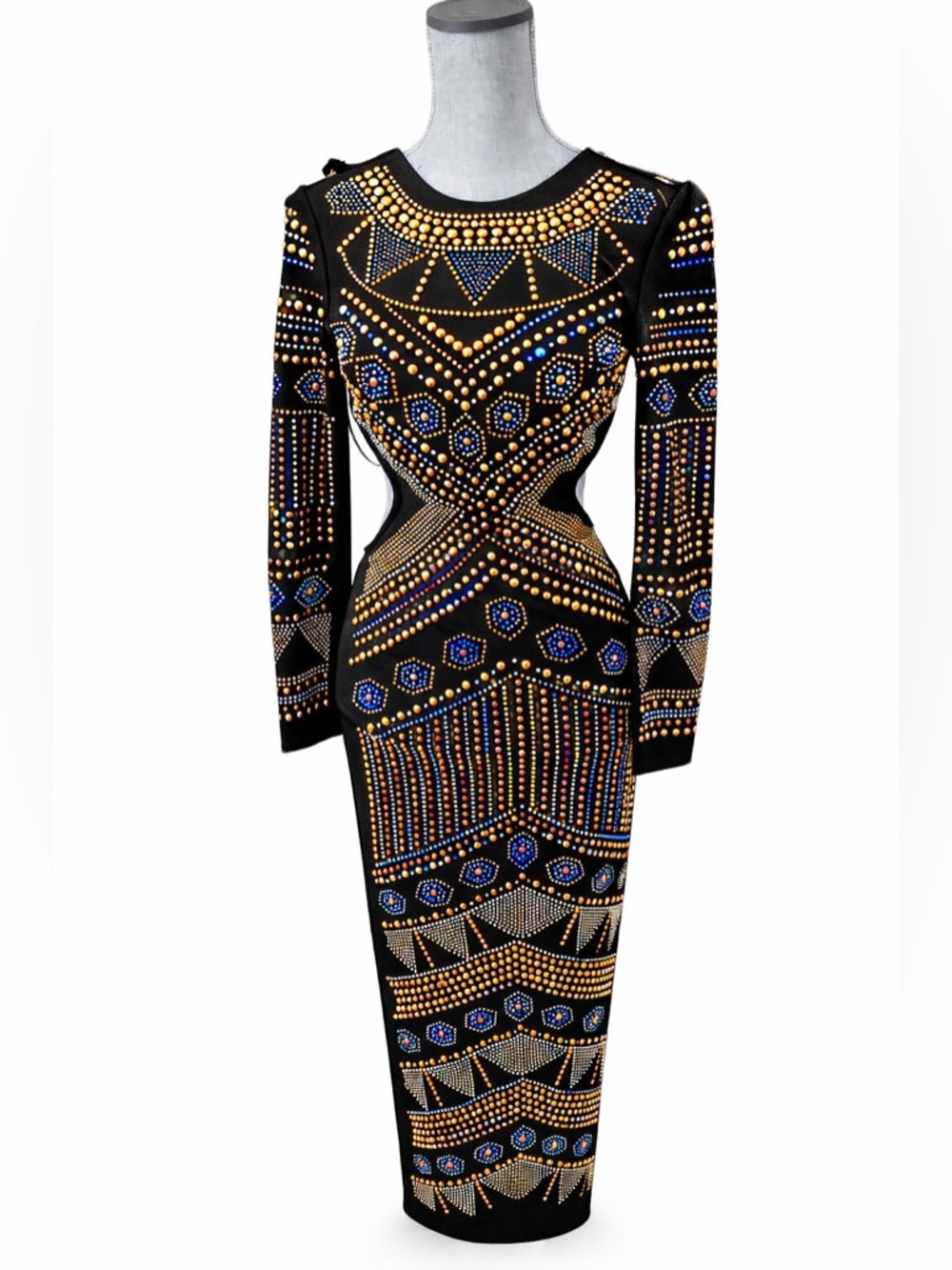 L’Atiste by Amy Black Gold & Blue Embellished Cutout Maxi Dress S